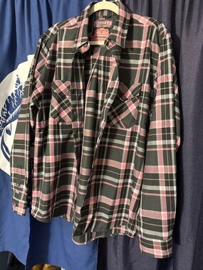 DIXXON I Love Boobies! Black and Pink Plaid Long-Sleeve Button-Down Shirt